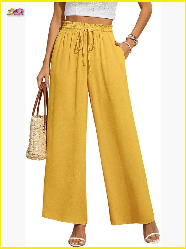 Casual Wide Leg Pants Flowy Elastic Waist Tie Knot Pockets